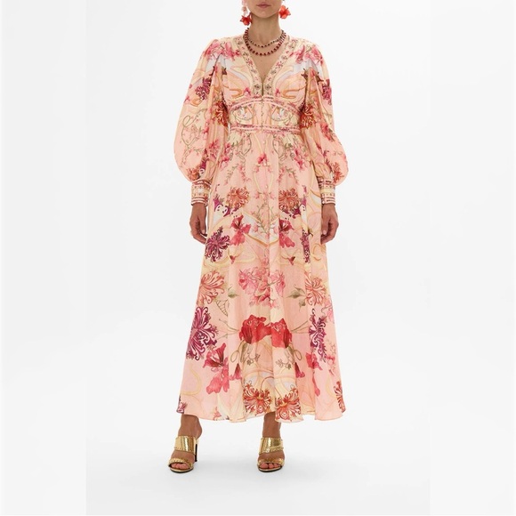Camilla Shaped Waistband Maxi Dress Blossoms Brushstrokes Linen Romantic Pink L - Picture 16 of 16